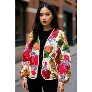 Anthropologie In Our Nature Short Floral Kantha Cropped Jacket-L